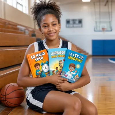 Nicole, de Atlanta, Estados Unidos, en el gimnasio con tres de sus libros